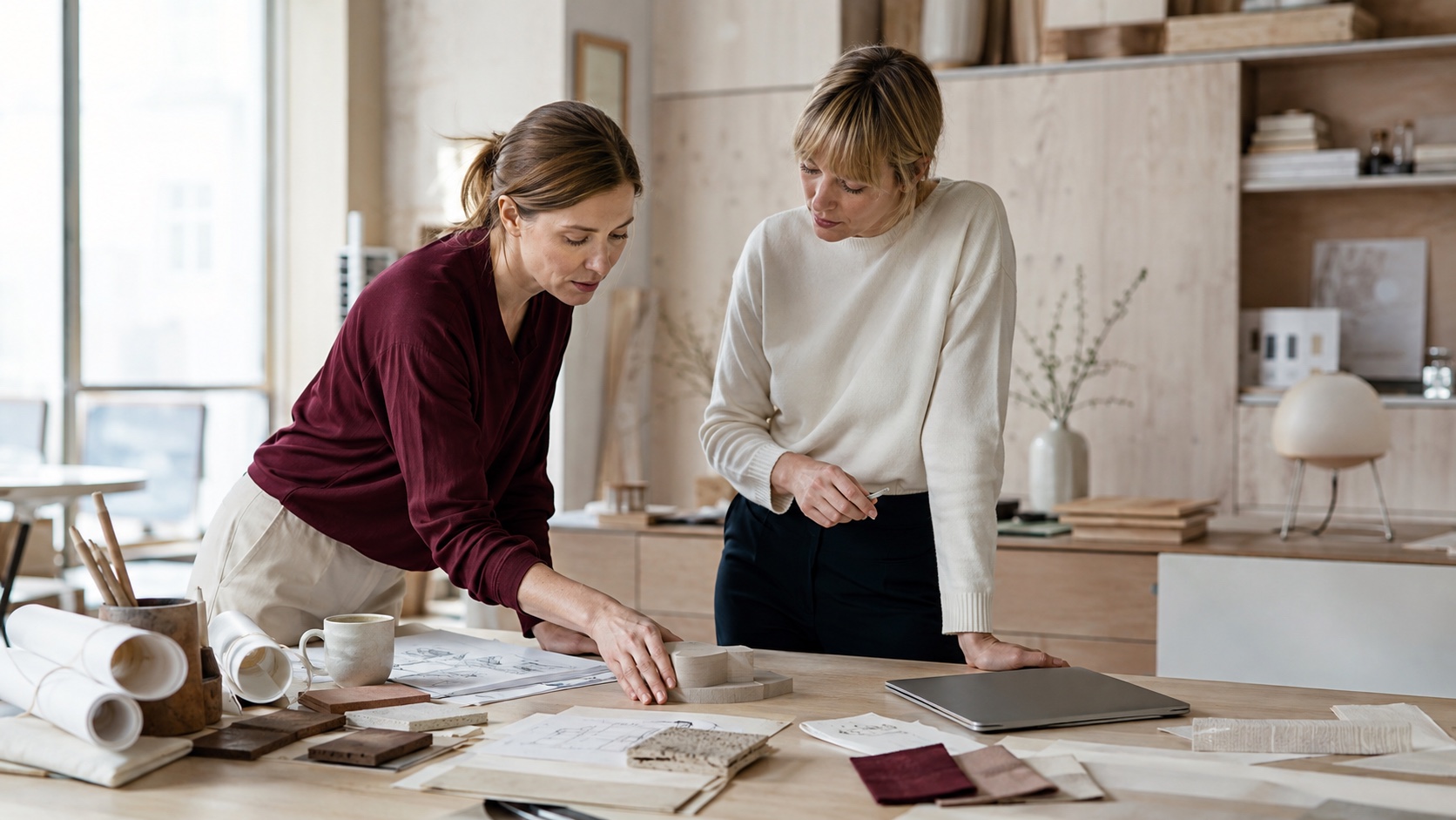 Två kvinnor arbetar tillsammans med ritningar, materialprover och en modell i en ljus nordisk studio.